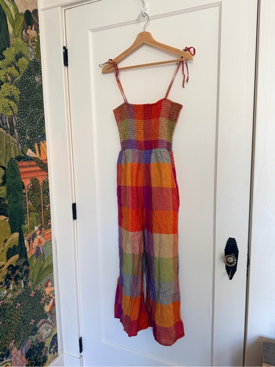 dRA Pants - dRA 100% Linen Wide Leg Smocked Colorful Checkered Plaid Print Jumpsuit - MP